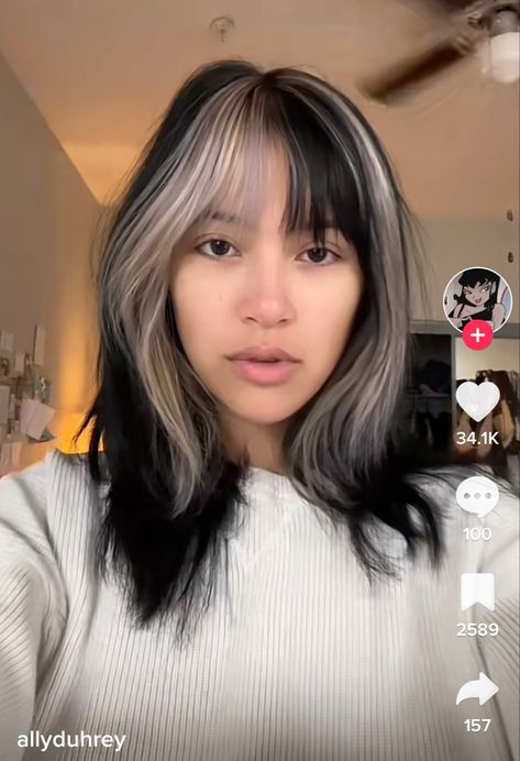 Subtle Streaks For Dark Hair, Platinum Stripes In Hair, Black Hair With Different Color Bangs, Dyed Bangs With Highlights, Fringe Colour Streak, Bangs With White Streak, Peekaboo Blonde With Bangs, Silver Bangs Brown Hair, Hair Dye Ideas For Bangs