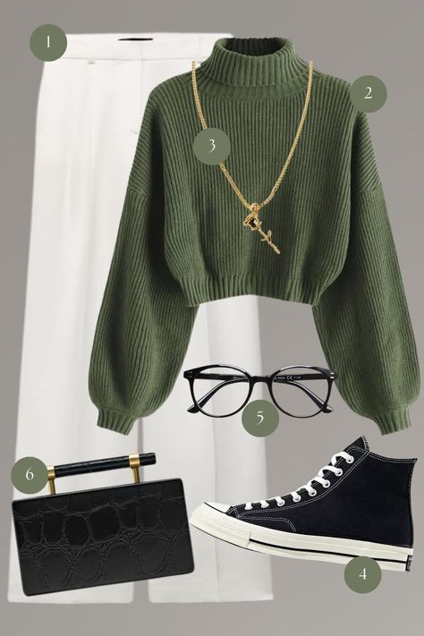 Embrace the charm of classic academia with a fashionable twist in this curated ensemble. The moodboard presents an effortlessly chic look, featuring a sumptuous green turtleneck sweater that exudes warmth and comfort. The sweater is paired with a crisp white skirt, creating a stunning contrast that speaks of a refined aesthetic. Completing the look are high-top sneakers that ground the outfit with a casual, street-smart vibe, perfect for a day spent in the city or a relaxed evening out. Cozy Turtleneck Outfit, Green Turtleneck Outfit, Green Sweater Outfit, Classic Academia, Green Turtleneck Sweater, Turtleneck Outfit, Green Turtleneck, Denim Texture, Refined Aesthetic