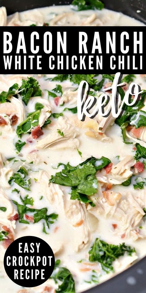 Keto Crockpot Chicken Chili With Bacon & Ranch - Simple Dinner Idea Keto Soups Crockpot, Keto Crockpot Mexican Chicken, Keto Crockpot Desserts, Chicken Keto Crockpot Recipes, Keto Chicken Chili Crockpot, Thm Crockpot Meals, Easy Keto Crockpot Meals, Crockpot Keto Chicken Recipes, Keto Chicken Crockpot Recipes