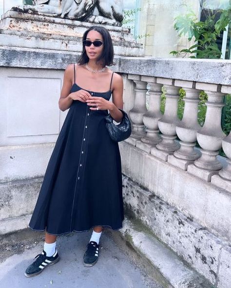 CIAO LUCIA! on Instagram: "@lauraharrier in the Deia Dress ❤️❤️" Dresses With Sambas, Samba With Dress, Dress And Samba Outfit, Converse Haute, Europe Fits, Style Scrapbook, Europe Trip, Mode Inspo, Trend Fashion