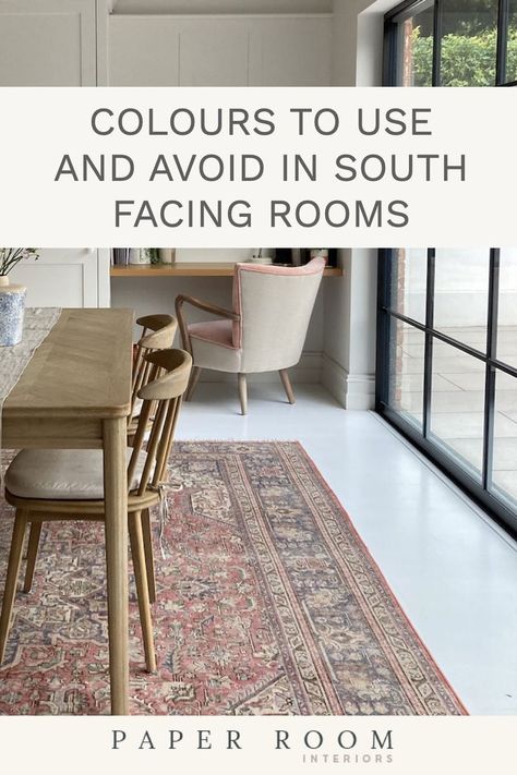 A quick and easy guide to paint colours that work (and don't) in south facing rooms. South Facing Bathroom, Pale Oak In South Facing Room, Kitchen Diner Paint Colours, South Facing Kitchen Ideas, White Paint For South Facing Room, South East Facing Room Paint Colors, Best Neutral Paint Colors For South Facing Rooms, Best Paint Colors For South Facing Rooms, South Facing Bedroom Paint Colors