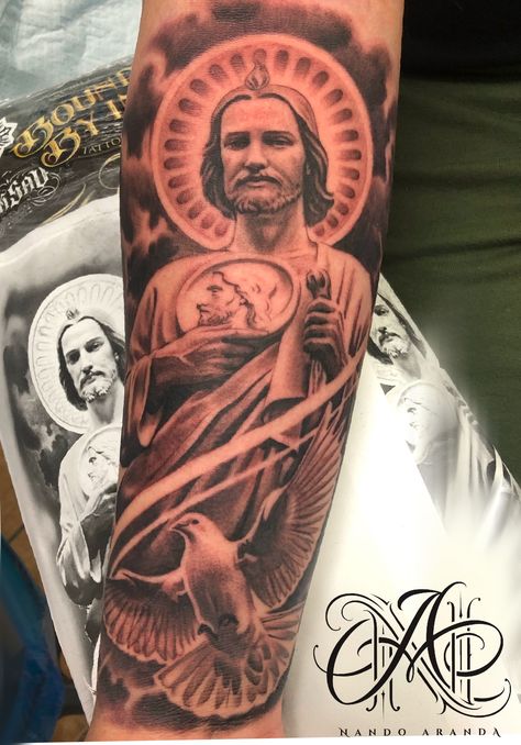 Realistic black and grey tattoo of San Judas Tadeo and a dove, for more please visit my instagram page. Thanks for looking. Religous Tattoo Designs Men, St. Jude Tattoo, Religous Tattoo, Tattoo Time Lapse, Money Rose Tattoo, Omerta Tattoo, Tattoo Inspiration Men, Religious Tattoos, Forearm Tattoo Women