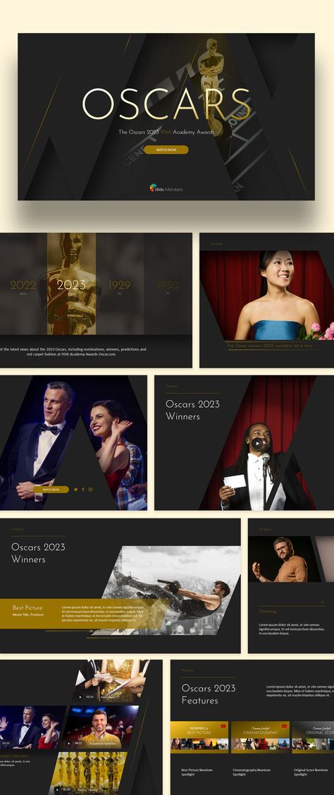 The Oscars Theme related PPT Templates. Get your own editable pre-designed slides. #SlideMembers #Oscars #Academy #Awards #Movie #Film #Cinema #Hollywood #Opening #Trophies #abc #Interview #Redcarpet #Photo #Winners #Actor #Directing #Spotlight #Nominee #Multipurpose #Proposal #Profile #Layout #Report #Cover #PPT #Portfolio #TemplateDesign #FreePowerpoint #FreePresentation #PowerpointTemplate #Presentation #Templates #FreeTemplate #Slides #GoogleSlides #PowerPoint #freePPT #PPTdownload #Keynote Awards Slide Design, Awards Presentation Powerpoint, Award Presentation Design, Movie Presentation Design, Oscar Award Aesthetic, The Oscars 2023, Profile Layout, Oscars 2023, Event Proposal