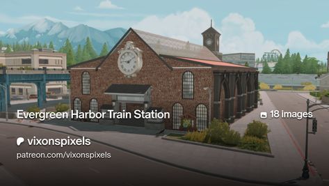 Evergreen Harbor Train Station | vixonspixels Sims 4 Content, Selfie Wall, Tea Store, Subway Station, Slim Fast, Sims Four, Garden Cafe, Sims 4 Collections, Sims 4 Build