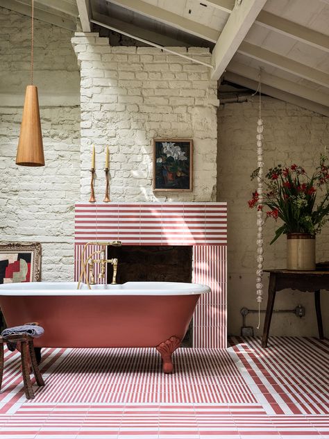 Bert And May Tiles, Bert And May, Reclaimed Tile, British Homes, Striped Tile, Tile Fireplace, Traditional Bathrooms, Elegant Tiles, Roll Top Bath