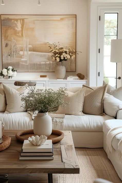 43 Neutral Living Room Ideas for Timeless Elegance - DecorWithEva Sofa Rustic, Neutral Living Room Ideas, Organic Living Room, Plush Sofa, Inspire Me Home Decor, Neutral Living Room, Living Room Scandinavian, Stylish Living Room, Living Room Inspo