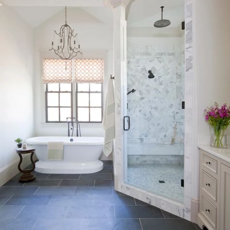 75 Beautiful Slate Floor Bathroom with Marble Countertops Pictures & Ideas - April, 2021 | Houzz Slate Floor Bathroom, Traditional Bathroom Design Ideas, Slate Bathroom Floor, Slate Bathroom Tile, Traditional Bathroom Design, Slate Bathroom, Slate Floor, Traditional Bathroom Designs, Small Bathroom With Shower