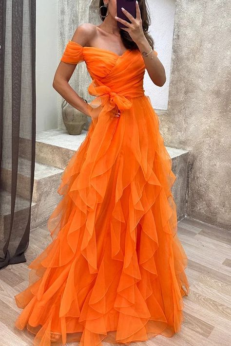 Pretty First Impression Tulle Off Shoulder Tiered Ruffle Evening Maxi Dress Long Orange Dress, Evening Maxi Dress, Tulle Sleeves, Outfits Dress, Floor Length Prom Dresses, Evening Dresses With Sleeves, Dress Sleeve Styles, Off Shoulder Fashion, Maxi Dress Evening