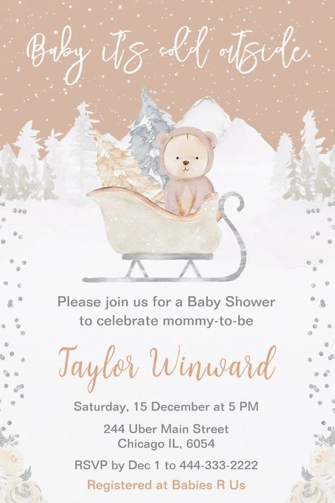 Winter baby shower invitations featuring an adorable teddy bear in a sleigh. afflink Teddy Bear Invitations, Winter Baby Girl, Winter Baby Shower Invitations, Girl Baby Shower Ideas, Bear Invitations, 15 December, Boy Baby Shower Ideas, Babies R Us