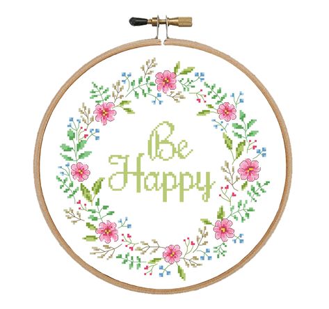 Floral Wreath Cross Stitch, Wreath Cross Stitch Pattern, Wreath Cross Stitch, Stitch Summer, Quote Cross Stitch, Wreath Cross, Rose Cross Stitch Pattern, Happy Quote, Housewarming Card