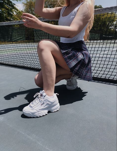 Tennis skirt; white tank top; Fila Disruptor II sneakers Fila Disruptor Ii Outfit, Fila Disruptor Outfit Women, Fila Disruptor Outfit, Fila Shoes Outfit, Fila Disruptor Ii, Fila Disruptor, Fila Disruptors, Aesthetic Fits, Skirt White