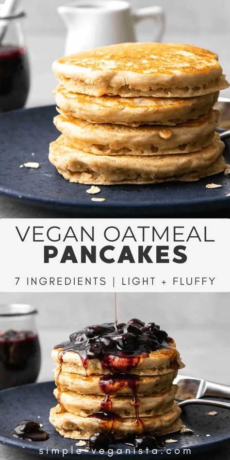 Healthy Vegan Oatmeal Pancakes are perfectly moist, fluffy, and amazingly delicious with warm blueberry compote! Quick and easy WFPB recipe! #veganpancakes #healthyrecipes #veganrecipes #plantbased Healthy Vegan Oatmeal, Vegan Oatmeal Pancakes, Healthy Vegan Pancakes, Pancakes Oatmeal, Oatmeal Pancakes Healthy, Low Fat Vegan Recipes, Oatmeal Vegan, Oatmeal Pancakes Recipe, Pasta Bread