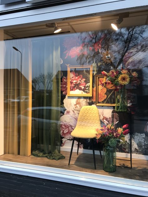 Fabric Store Window Displays, Storefront Window Display, Curtain Showroom, Florist Window Display, Luxury Window Display, Furniture Store Display, Tropical Windows, Fabric Store Design, Commercial Design Exterior