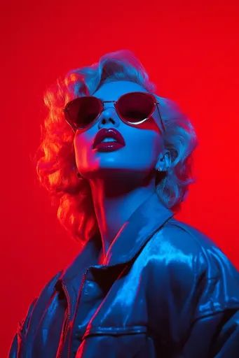 ↑↑↑ Larger size on website 🔸 A woman with blonde hair and red lips wears stylish sunglasses. She is illuminated by blue light, co Woman With Blonde Hair, Blue Leather Jacket, Stylish Sunglasses, Red Background, Blue Jacket, Red Lips, Blue Leather, Blue Light, Blonde Hair