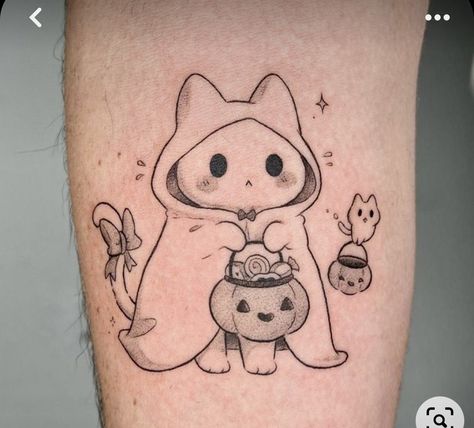 Flash Dog Tattoo, Pumpkin And Cat Tattoo, Cat Cute Tattoo, Cat Halloween Tattoo, Skeleton Cat Tattoo, Spooky Cat Tattoo, Creepy Tattoo Ideas, Cat Ghost Tattoo, Halloween Cat Tattoo