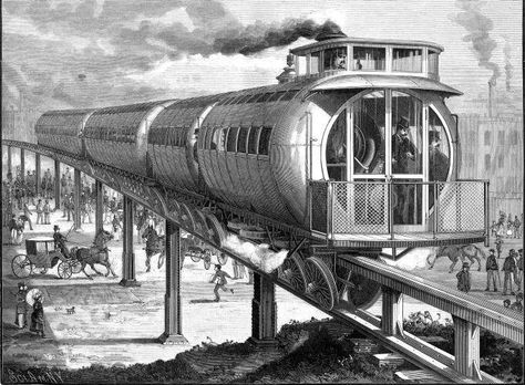 the Legislature could have told Meigs to go build monorails all over Boston. But by 1887, Meigs was more of a threat to the streetcar lobby than ever before. “You had a street railway system by the 1880s that was highly developed and was moving a lot of people and was making a lot of money for its investors,” Sullivan said. “So any kind of elevated system or a subway system and any other kind of competing technology would have been opposed by them simply because it was disruptive and destructive Steampunk Tendencies, Old Trains, Retro Futuristic, Poster Retro, Train Tracks, Retro Futurism, Weird And Wonderful, Dieselpunk, A Train