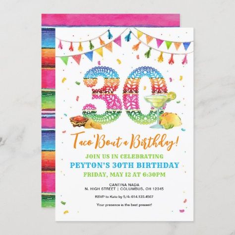 $2.65 | Taco Bout a 30th Birthday Fiesta Invitation #30th birthday invitation, 30th party invite, 30th fiesta invitation, taco bout 30, mexican themed, celebration, spanish, cheers to 30, colorful, fiesta themed 40th Birthday Fiesta, 30th Birthday Fiesta, 65th Birthday Invitations, Birthday Fiesta, 30th Birthday Party Invitations, 40th Birthday Party Invites, Birthday Flags, 30th Party, Mexican Party Theme