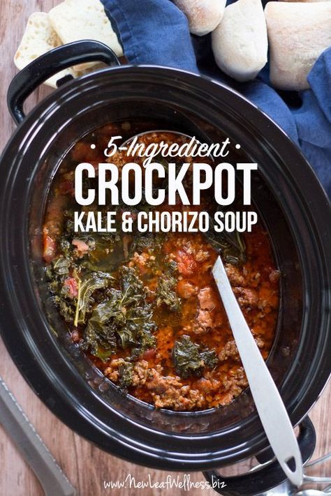 “This delicious soup is just spicy enough to warm up even the coolest of evenings. And with only five ingredients, it can’t get much easier!” Crockpot Kale, The Family Freezer, Chorizo Soup, Family Freezer, Chorizo Recipes, Kale Soup, Crock Pot Soup, Healthy Crockpot, Low Carb Dinner