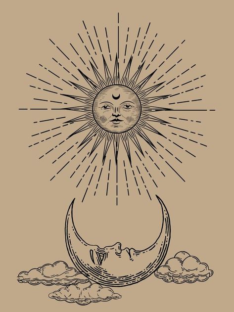 Art Nouveau Sun And Moon Tattoo, Sun And Moon Face Drawing, Mexican Sun And Moon, Moon Sun Star, Sun And Moon Art, Sun And Moon Print, ポップアート ポスター, Kunst Tattoos, The Sun And Moon