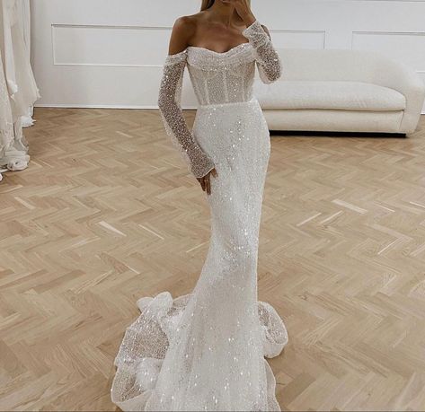 Long Sleeves Prom Dresses, Off The Shoulder Wedding Dresses, Prom Dresses Off The Shoulder, Dresses Off The Shoulder, Mermaid Glitter, White Mermaid, Long Sleeve Prom, Wedding Dress Trends, Prom Dresses With Sleeves