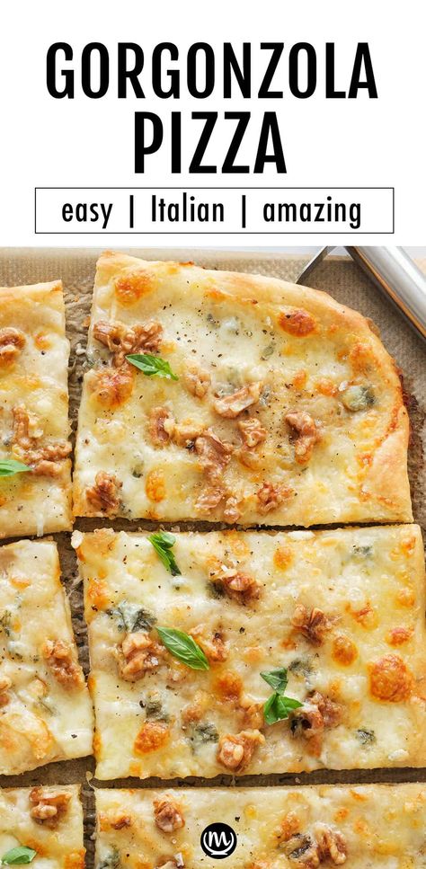 This easy no-knead pizza with gorgonzola is simply amazing! The crispy pizza crust, the indulgently creamy gorgonzola and the toasty walnuts are delicious! #pizzarecipes #pizzadoughrecipes #cheesepizza Pizza With Gorgonzola Cheese, Gorgonzola Pizza Recipes, Recipes With Gorgonzola, Simple Pizza Toppings, Homemade Gourmet Pizza, White Sauce Pizza Recipe, Italian Subs, Gorgonzola Recipes, Gorgonzola Pizza