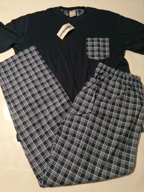 Men's Blue Check Pyjama Tshirt / Trouser Set Size L. Return policy: We provide a 14 days return policy for our products however, the item must be returned in the same condition as it was received, not used or altered in any way. In such circumstances, we cannot cover the return postage cost and a restocking fee of £2.50 will be deducted from the original price paid. Items returned must be received within 14 days from purchase date and all refunds will be processed within 5 working days. No refun Mens Sleepwear Aesthetic, Guy Pjs, Male Pyjamas, Dr Items, Cool Pajamas, Pyjamas Men, Pyjamas For Men, Usa Clothes, Men Nightwear