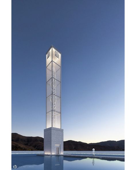 Modern Minaret design The concept of this design is to create a simple and modern minaret that originates from the original shape of a traditional minaret with the emphasis of Nur (light). First Place winner for the Bunyan Global architectural competition in the Islamic Context 2019 - Designed by Omar Tariq Othman Minaret Design, First Place Winner, Biophilic Architecture, Mosque Design, Monument Signs, Architectural Competition, Mosque Architecture, Tower Design, Architecture Concept Drawings