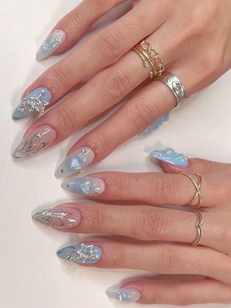 Blue Aesthetic Nails, Dusty Blue Nails, Coachella Nails, Purple And Silver Nails, Blue And Silver Nails, Pattern Nail Art, Nails 3d, Formal Nails, Cute Nail Art Designs