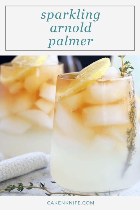 A Sparkling Arnold Palmer is the ultimate summer refreshment. This recipe uses homemade lemonade and iced tea concentrates combined with sparkling water for a bubbly twist! | cakenknife.com #lemonade #icedtea #arnoldpalmer #sparklingarnoldpalmer #mocktail #nonalcoholic Bubly Sparkling Water Recipes, Sparkling Tea Recipes, Sparkling Lemonade Non Alcoholic, Sparkling Tea, Sparkling Water Mocktail, Rooibos Iced Tea, Sparkling Water Recipes, Basil Simple Syrup, Frosted Lemonade