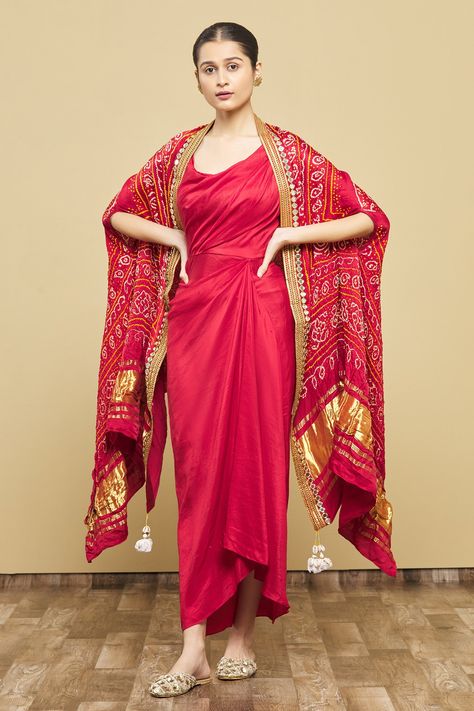 Info Western Dresses For Women, Cape Dress Indian, Silk Drape Dress, Coordinate Sets, Suits 2023, Saree Kurti, Stitched Saree, Bandhani Dress, Cowl Dress