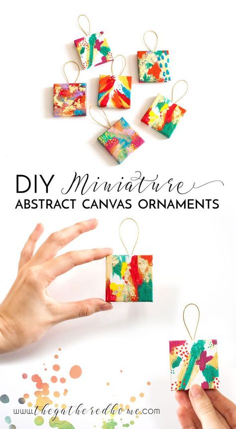 Colorful Christmas Ornaments Diy, Abstract Painted Ornaments, Canvas Ornaments Painted, Advent Ornaments Diy, Art Themed Christmas Tree, Abstract Christmas Tree Painting, Mini Canvas Christmas Ornaments, Abstract Christmas Ornaments, Kids Ornaments Diy