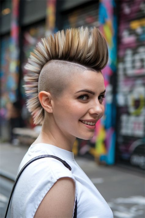 Embrace your daring side with this striking Mohawk designed for short hairstyle women. This edgy look is perfect for showcasing your personality and can be personalized with textured waves or a slick back finish. Ideal for summer festivals or casual outings, this style offers an effortless way to stand out. Whether you want a fierce punk vibe or a chic, natural aesthetic, this Mohawk will elevate your hairstyle game. #shorthairstylewomen #Mohawk #hairstyleideas Women With Mohawks, Long Hair Mohawk, Blonde Mohawk, Short Hair Mohawk, Mohawk Hair, Short Hairstyle Women, Bald Head Women, Half Shaved Hair, Chic Natural