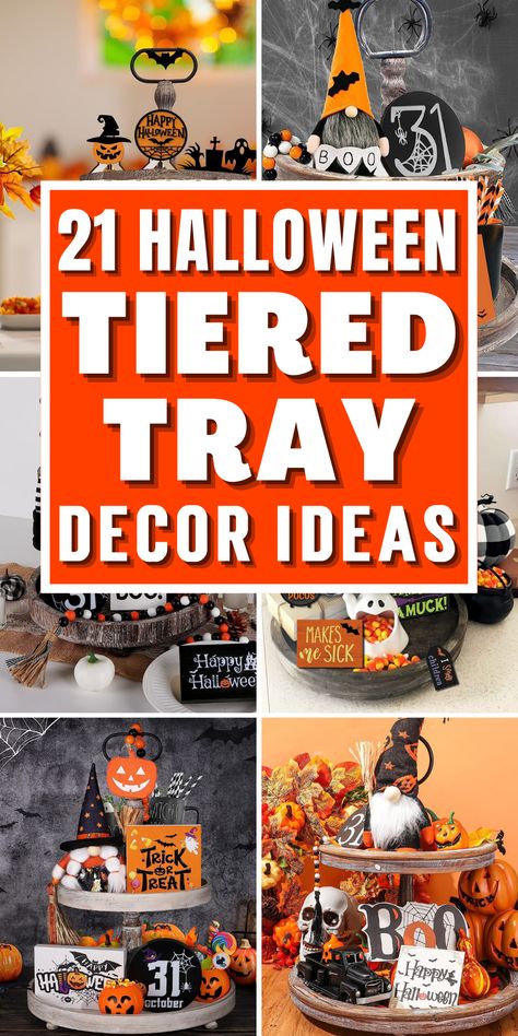 Get ready for the spooky season with our hocus pocus Halloween tiered tray decor ideas! Discover the perfect mix of fall decorations to elevate your Halloween decorations. From whimsical witches and ghostly gourds to hauntingly adorable black cats, these Halloween-inspired tiered tray displays will elevate your seasonal decorations to new heights. Use these fall-tiered tray ideas for Halloween table decor. Make sure to try these pumpkin decorations for your upcoming Halloween party. Two Tier Tray Decor Halloween, Halloween Table Display Ideas, Halloween Decorations Tiered Tray, Halloween Three Tiered Tray, 3 Teir Trays Decor Halloween, Tiered Halloween Tray, 3 Tier Stand Halloween Decor, Halloween Decorative Tray, Halloween 3 Tiered Tray Decor