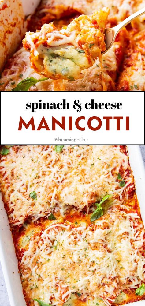 Tender manicotti stuffed with seasoned ricotta and basil topped with delicious marinara and loads of cheese! This easy baked manicotti recipe is the perfect Italian-inspired family dinner that's comforting, hearty, and cozy. | Recipe at BeamingBaker.com Manicotti Spinach Ricotta, Giada Manicotti Recipe, Cheese Stuffed Manicotti Easy Recipes, Easy Stuffed Manicotti Recipe, Stuffed Manicotti Recipe Ricotta, Manicotti Recipe Spinach, Stuffed Manicotti With Meat, Ricotta Recipes Dinner, Recipes With Marinara