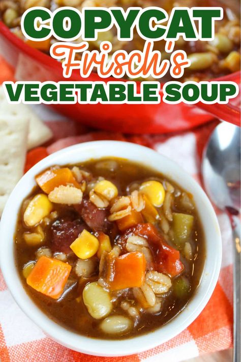 Frisch's Vegetable Soup is a delicious comforting soup that is super healthy and perfect year round! Loaded with vegetables - it's actually not vegetarian though...find out the secret ingredient below. via @foodhussy Frisches Vegetable Soup, Flavorful Vegetable Soup, Copycat Vegetable Soup, Copycat Frischs Vegetable Soup, Vegtebales Soup, Frisch's Vegetable Soup Recipe, Crockpot Vegetable Soup, Instant Pot Vegetable Soup, Vegetable Soup Crock Pot