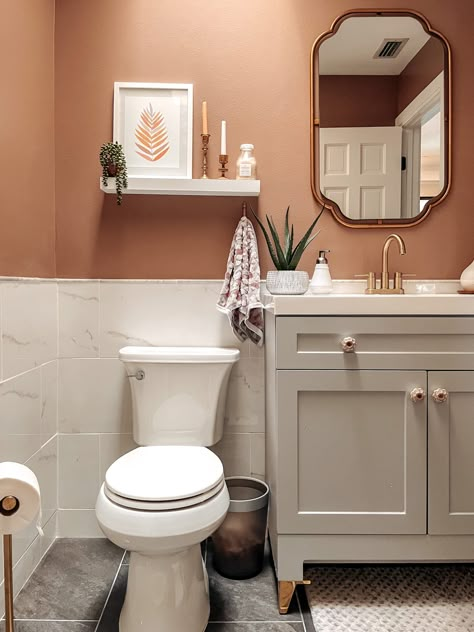 Cinnamon Bathroom Walls, Powder Room Terracotta, Clay Bathroom Walls, Terracotta Bathroom Walls Paint Colors, Bathroom Decor Terra Cotta, Terra Cotta Bathroom Decor, Opal House Bathroom, Rust Colour Bathroom, Terracotta Small Bathroom