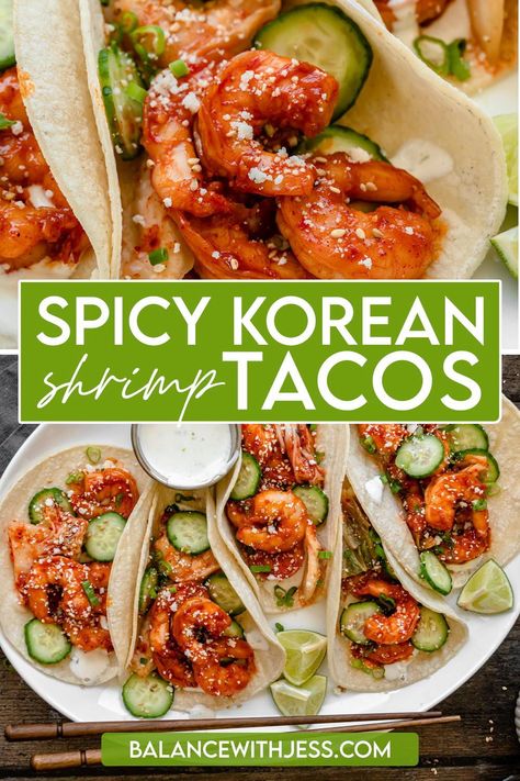 These easy Korean Shrimp Tacos have spicy marinaded shrimp and an easy lime cream sauce. Top it with whatever your heart desires - but I recommend cucumber, kimchi, and green onion. These healthy Asian fusion tacos are great for a crowd and perfect for summer! Gochujang Shrimp, Korean Shrimp, Korean Mexican Fusion, Lime Cream Sauce, Asian Tacos, Fusion Tacos, Cucumber Kimchi, Shrimp Taco Recipes, Easy Taco Recipes