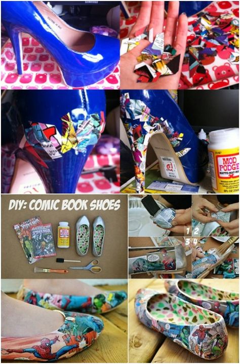 DIY Magazine Page Shoes Comic Book Shoes, Mod Podge Crafts, Astuces Diy, Diy Vetement, Modge Podge, Crafty Craft, Diy Shoes, Mod Podge, Suho