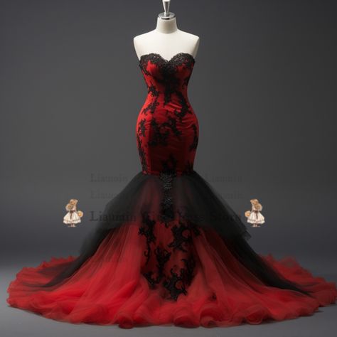 Black Red Lace Wedding Dress, Black Wedding Dress With Red Accents, Red And Black Mermaid Wedding Dress, Red Snd Black Wedding Dress, Red And Black Goth Prom Dress, Black Red Wedding, Gown Prom, Stunning Prom Dresses, Wedding Dress Shoes