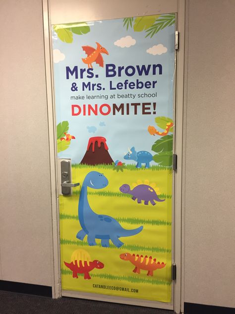 School Door! Why spend 3 days creating a Teacher Appreciation door from butcher paper? I learned my lesson.  CatAndLeeCo@gmail.com helped me create this Dino themed one. Dinosaur Classroom Theme Decor, Teacher Appreciation Door, Teacher Appreciation Doors, School Doors, Dinosaur Theme, Classroom Door, Butcher Paper, Door Ideas, Design Your Dream House