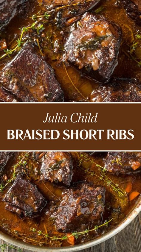 This Julia Child Braised Short Ribs recipe features olive oil, onion, carrots, beef ribs, salt, pepper, flour, red wine, beef broth, tomato paste, thyme, and rosemary. It takes 3 hours to prepare and serves 4 people. Quick Braised Short Ribs, Braised Short Rib Recipes, Short Ribs Sous Vide, Recipes For Short Ribs, Best Braised Short Ribs Recipe, Brazed Short Ribs Braised Beef, Beef Bones Recipe, Brazed Beef Short Ribs, Rosemary And Thyme Recipes