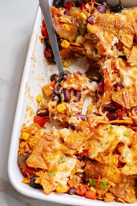 Nacho Casserole, Sweet Corn Salsa, Vegetarian Nachos, Dorito Casserole, Flavorful Dinner, Veggie Casserole, Rice Beans, Mexican Casserole, Bean Salad Recipes