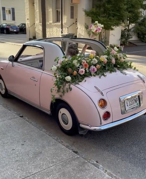 Pink Aesthetic Wedding, Pink Wedding Aesthetic, Nissan Figaro, Just Married Car, Vintage Car Wedding, Pink Convertible, Rare Cars, Light Pink Wedding, Wedding Send Off