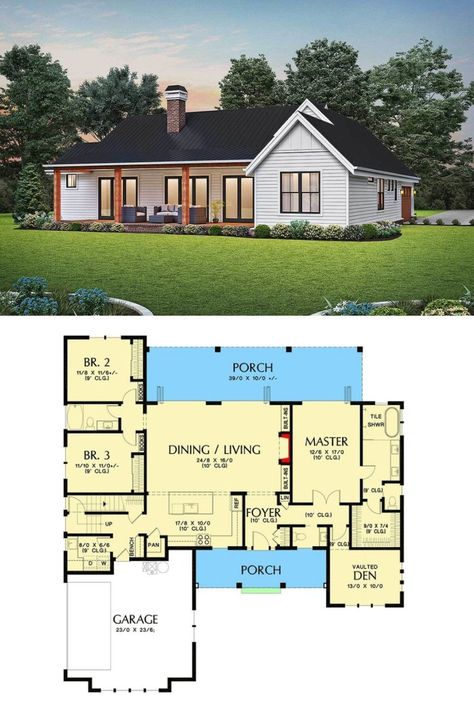 Rancher House Plans, House Plans With Pictures, Craftsman Farmhouse, Retirement House, Cottage Floor Plans, Farmhouse Floor Plans, Free House Plans, House Plans 3 Bedroom, House Plans One Story