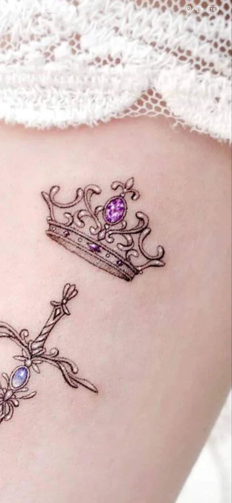 Crown With Jewels Tattoo, Jewel Crown Tattoo, Princess Crown Tattoo Behind Ear, Ankle Crown Tattoo, Colored Crown Tattoo, Tiaras And Crowns Tattoos, Moon And Crown Tattoo, Crown Tattoo Back Of Neck, Crown And Tiara Tattoo