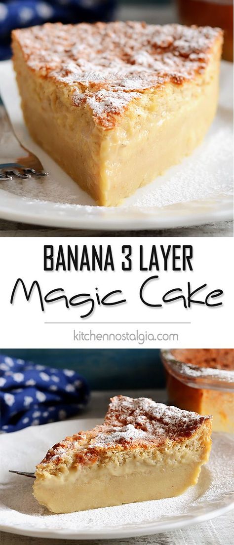 Banana Magic 3 Layer Custard Cake: only 1 batter during baking separates into 3 layers: dense on the bottom, custard in the middle, sponge on top - kitchennostalgia.com 3 Layer Magic Cake Recipe, Magic Custard Cake, Recetas Salvadorenas, Custard Cake, Bananas, Magic Cake, Banana Cake, Banana Recipes, Food Cakes