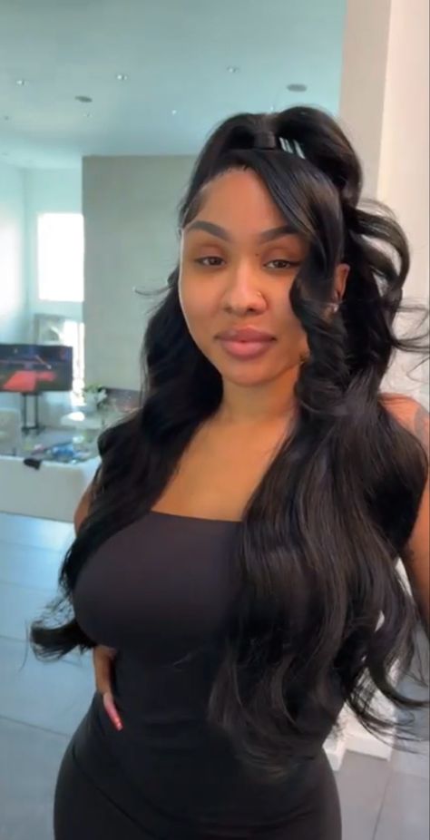 Half Up Half Down Bang Quick Weave, Half Up Half Down Hair Swoop, Half Up Half Down With Side Bangs, Half Uo Half Down Quickweave, Half Up Half Down With Bundles, Half Uo Half Down Black Women, Side Bang Half Up Half Down, Half Up Half Down Hair Black Women Bang, Half Up Half Down Leave Out