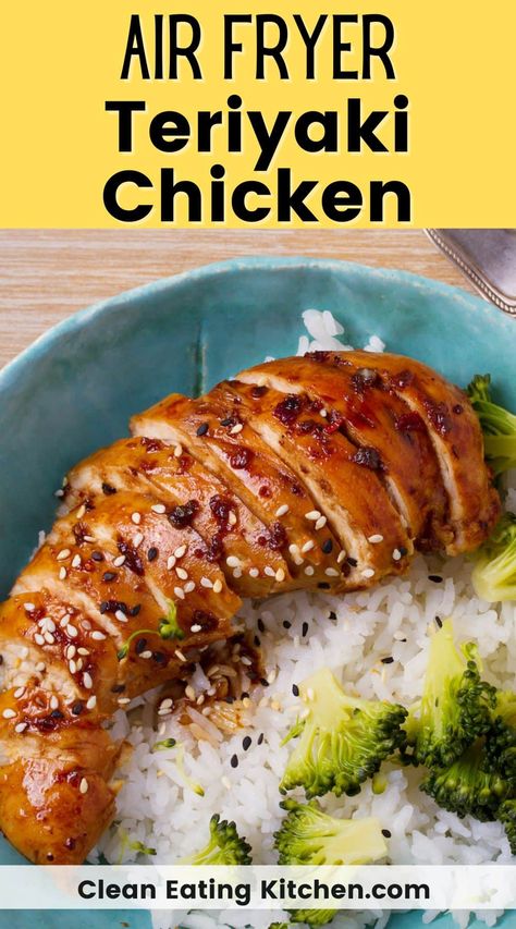 Here's how to make the easiest and juiciest Air Fryer Teriyaki Chicken Breasts with only two ingredients! This air fryer chicken recipe can be made gluten-free. Serve the teriyaki chicken with steamed veggies and rice for the perfect healthy and satisfying meal. Add this easy chicken recipe to your weekly meal plan. Pineapple Teriyaki Chicken Air Fryer, Ninja Foodi Teriyaki Chicken, Healthy Chicken With Rice, Air Fry Asian Chicken, Chicken Teriyaki Recipe Air Fryer, Chicken Teriyaki Air Fryer, Air Fryer Teriyaki Chicken Breast, Teriyaki Chicken Air Fryer Recipes, Teriyaki Chicken In Air Fryer