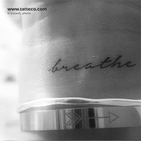 'Breathe' temporary tattoo, get it here ► Breathe Symbol, Just Breathe Tattoo, Word English, One Word Tattoo, Cross Tattoos For Women, Cool Wrist Tattoos, Writing Tattoos, Cute Tiny Tattoos, Wrist Tattoos For Women