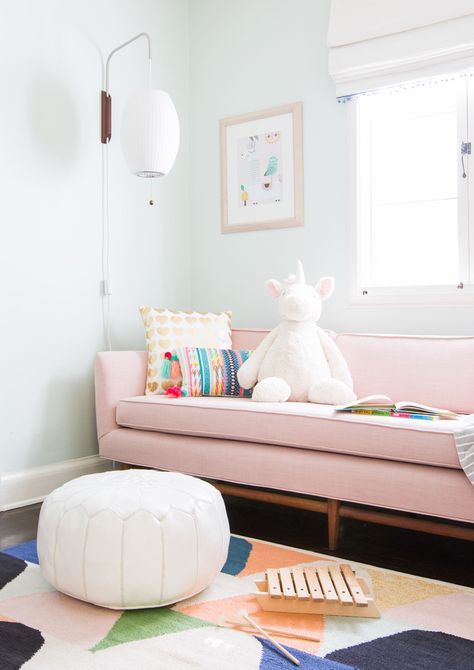 A Playful and Bright Playroom Introduction Bright Playroom, Kids Daybed, Mint Walls, Ideas Habitaciones, Playroom Design, Emily Henderson, Playroom Decor, A Living Room, Kids Playroom